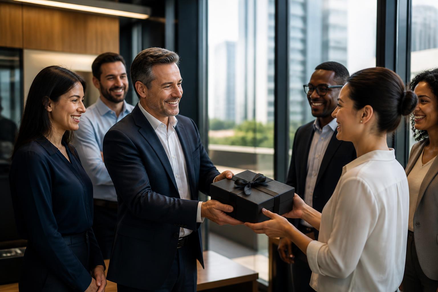 Executiva entregando uma Box Noir preta a um cliente sorridente em escritório claro