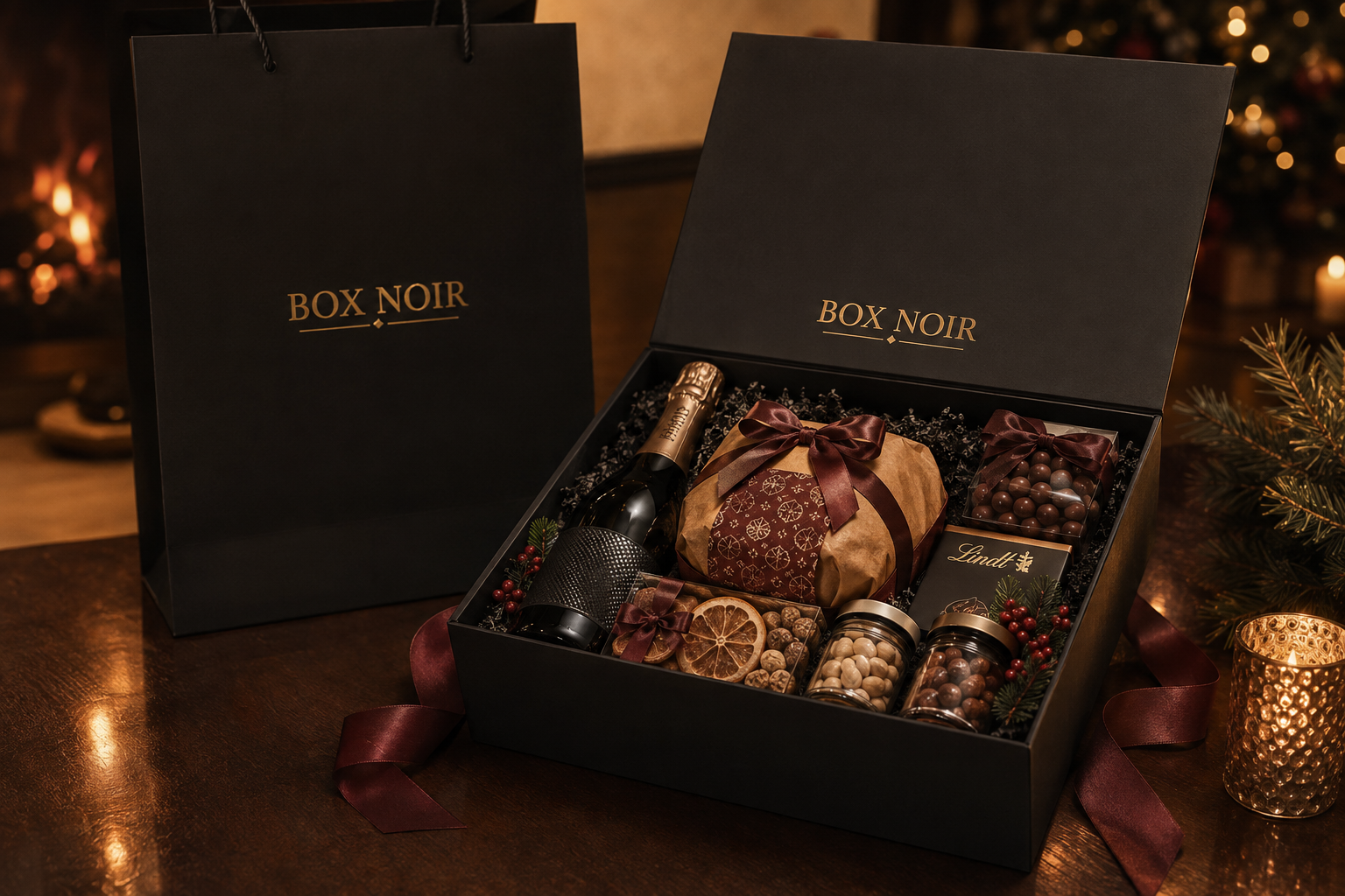 Box Noir Celebration aberta sobre mesa de madeira, com vinho, panetone e doces natalinos, ao lado da árvore de Natal e da lareira