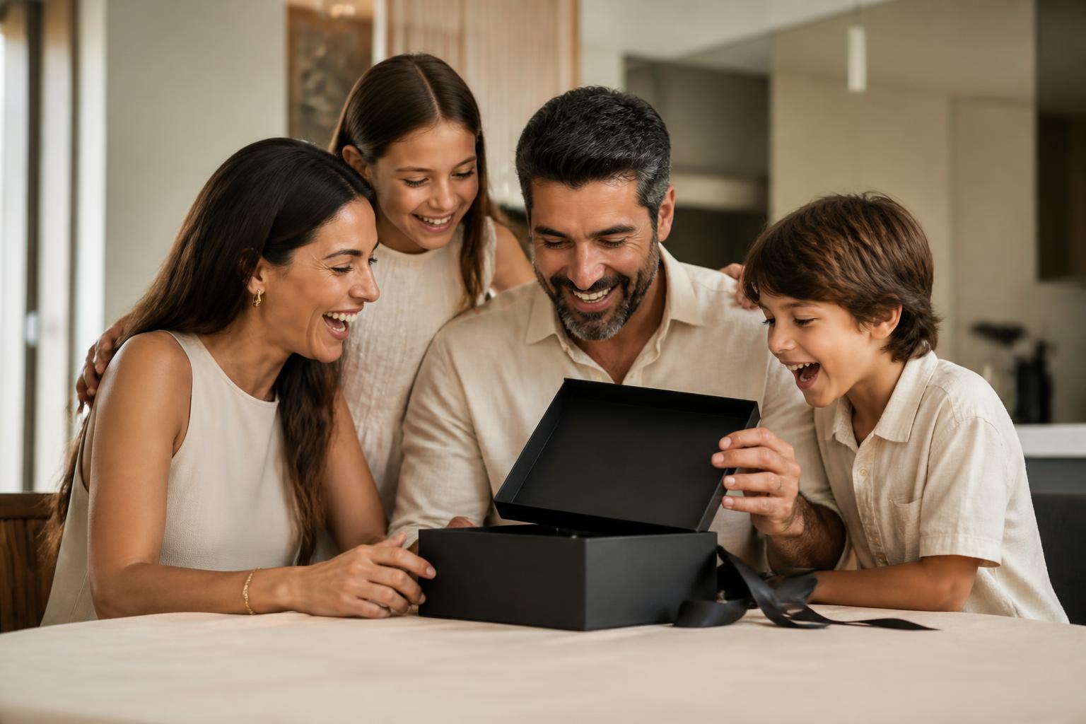 Família e amigos brindando à mesa com uma Box Noir aberta ao centro, em ambiente claro com luz natural