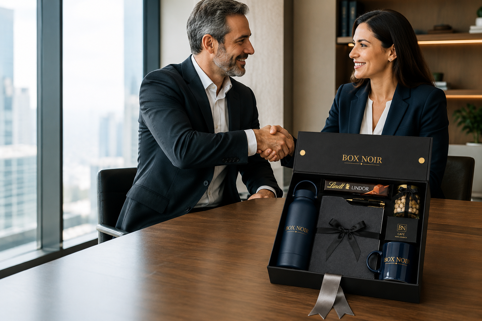 Executivo e executiva sorrindo e apertando as mãos sobre a mesa, com uma Box Noir corporativa aberta com garrafa térmica, caderno e caneca